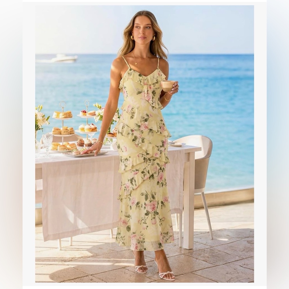 NET Yellow Floral V-Neck Dress-S